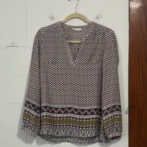 Lush Womens XS Geometric Southwestern Print V-Neck Long Sleeve Blouse